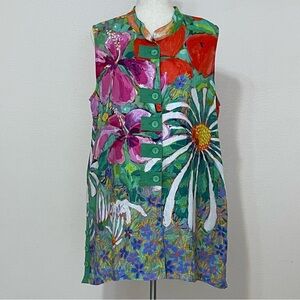 Claire Desjardins Tunic Lagen Look Painted Garden Sleeveless Tunic Top SzLarge